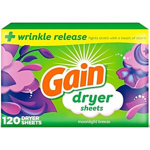 [AC] $13.40 | 4 × 120 Count Gain Dryer Sheets Plus Wrinkle Release, Moonlight Breeze Scent ($3.35 each) at Amazon