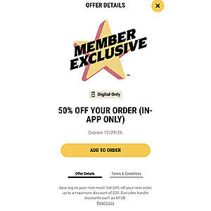 Carl's Jr 50% off order in-app only