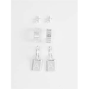 $3.99, WM, 3 pairs, Time and Tru Women's Silvertone Multi Earring Set, A, C, J, M, S, K,