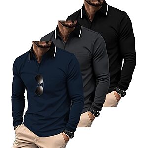 ZITY 3 Pack Men Polo Shirts with Pocket Long Sleeve - $17 After coupon