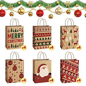 BagDream 24Pcs Christmas Kraft $11.59 FS WMT+  Bags with Handles for Presents, 6 Assorted Designs