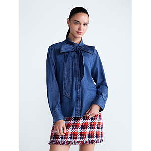 Free Assembly Women's and Women's Plus 100% Cotton Long Sleeve Tie Neck Shirt $17.64