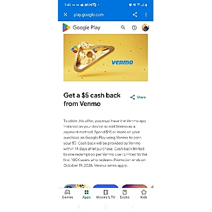 $5 cash back from Venmo with Google play