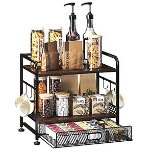 IBEDMAZIE 2-Tier Metal & Wood Coffee Bar Organizer w/ Sliding Drawer & Mug Hooks (Black) $19.95 + Free Shipping