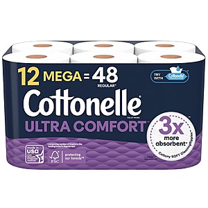 Cottonelle Ultra Clean Strong or Comfort Strong Toilet Tissue 12 Mega Rolls (48 regular) - 2 for $17.98 + $2 Walgreens Cash