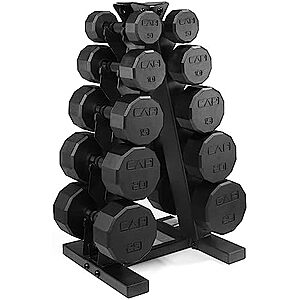 $112.67* | 150-Lb CAP Rubber Coated Dumbbell Weight Set with Vertical Rack at Amazon