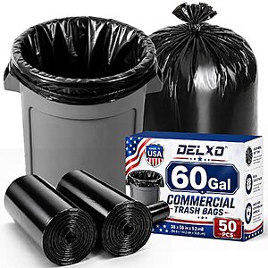 50-Count Delxo 55-60 Gallon Heavy Duty Trash Bags (38" x 56") $12.77 w/ S&S + Free Shipping w/ Prime or on $35+