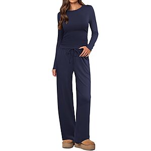 Ekouaer Women's 2 Piece Lounge Sets Ruched Top and Wide Leg with Pockets $12.99