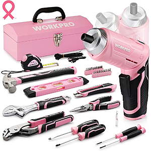 WORKPRO 75-Piece Pink Tool Set with 3.7V Cordless Screwdriver & Steel Toolbox $39.52