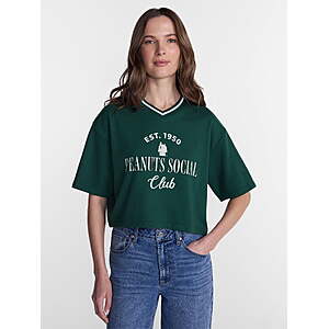 Peanuts Women's Snoopy French Terry Varsity Graphic Tee with Short Sleeves, Sizes XXS