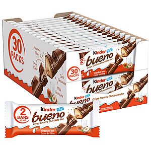 [S&S] Kinder Bueno milk chocolate bars, crispy wafer hazelnut cream snacks, 30 ct $28.49