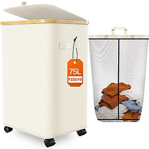75L Rolling Laundry Hamper w/ Removable Inner Bag, Lid & Bamboo Frame (Beige) $12.99 + Free Shipping w/ Prime or on $35+