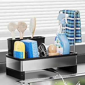Prime Members: 9.8" Stainless Steel Kitchen Sink Caddy Sponge Holder w/ Removable Brush Holder & Dish Cloth Hanger $11.39 + Free Shipping