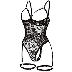 Women Sexy Floral Lace Teddy Lingerie Garter Belt Backless Bodysuit Set $4.99