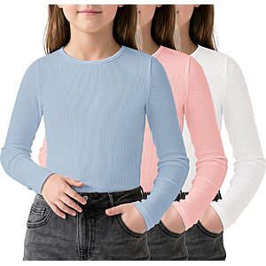 Arshiner Girls Long Sleeve Shirt 3 Packs Ribbed Knitted Slim Fit Kids Tee $9.99
