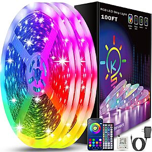Keepsmile 100ft Led Strip Lights (2 Rolls of 50ft) Bluetooth Smart App Control Music Sync Color Changing RGB Led Light Strip with Remote $9.99