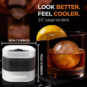 FINENUT Easy Release Ice Ball Maker Mold, 4 Pack, 2.5 Inch Large Round Ice Cube Mold for Whiskey & Cocktails, Stackable Lid, Reinforced Leak-Resistant Silicone, BPA-Free $7.99