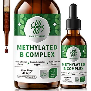 iMATCHME Methylated B Complex B12 Vitamins 5000 mcg & 5-MTHF Folate 1000 mcg Liquid Drops $8.39 + Free Shipping