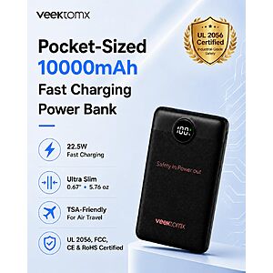 VEEKTOMX 10000mAh Mini Power Bank, 22.5W Fast Charger for iPhone Android $9.99