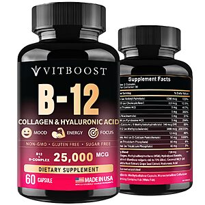 Vitamin B12 with Hyaluronic Acid and Collagen - 25000 mcg B12 Complex, 60Ct $11.96