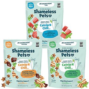 Shameless Pets Crunchy Cat Treats - Variety Pack, 3-Pk | 3-Flavor Variety Pack, Digestive Support $7.08 or less