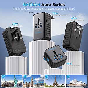 Aura 70W Ultra-Slim Universal Travel Adapter 6-in-1 for EU/UK/AUS/AS/US $20.5