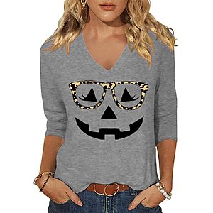 [Prime]  Women's Halloween Graphic V-Neck 3/4 Sleeve T-Shirt (Various Designs) $7.99 + Free Shipping