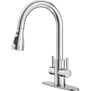 Hurran Kitchen High Arc Stainless Steel Sink Faucet with Pull Down Sprayer, Brushed Nickel 2 Handles $25.99 AC