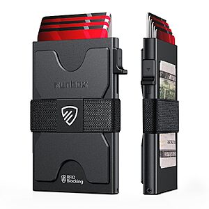 $6.49ac AMAZON RUNBOX Slim Wallet for Men, RFID Aluminum Pop-Up Card Holder for 12 Cards