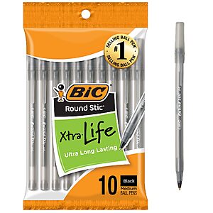 [S&S] BIC Round Stic Black Ballpoint Pens, Medium Point, 1.0mm, 10-Count $1.51