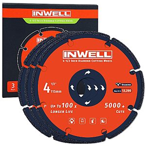3-Pack 4-1/2" Inwell Diamond Cut-Off Wheel for Metal $7.69 + Free Shipping w/ Prime or on $35+