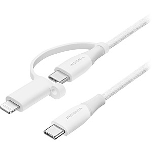 $4.99, FS, Insignia™ - 6' 2-in-1 USB-C to USB-C Charge-and-Sync Cable with Lightning Adapter - White, Best Buy