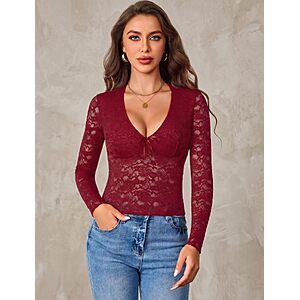 Avidlove Women's V-Neck Long Sleeve Lace Mesh Shirt w/ Lined Front Bra Area (7 Colors, Sizes X-Small - XX-Large)  $6.49 + Free Shipping w/ Prime or on $35+