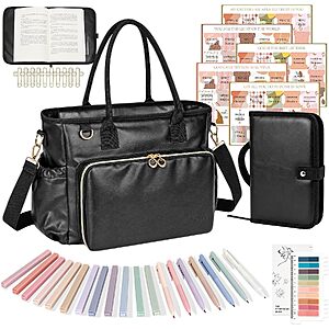 Zeromx Bible Study Journaling Kit w/ 13.8" Bible Tote, Bible Cover and Accessories (Black, Pink) $9.99 + Free Shipping w/ Prime or on $35+