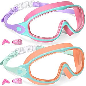 Keary 2 Pack Kids Swim Goggles Panoramic HD view Anti-Fog & UV Girls Boys 3-15 $7.49