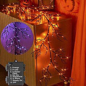 Hairui 6FT Halloween Garland with Lights 120 Orange and Purple Bi-Color Fairy Lights 8 Functions, Lighted Black Garland $13.19