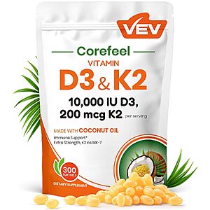 300-Count VEV Vitamin D3 10,000 IU & K2 200mcg Softgels w/ Coconut Oil $5.39 w/ S&S + Free Shipping w/ Prime or on $35+