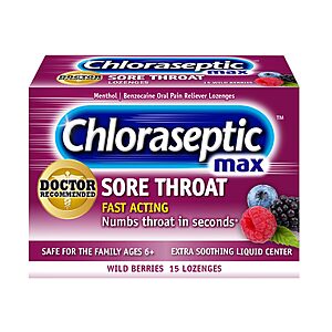 $3.55 S&S AMAZON Chloraseptic Max Strength Sore Throat Lozenges, Wild Berry, 15 Count