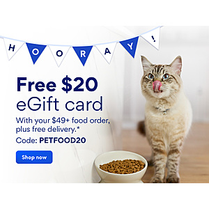 Chewy.com $20 eGiftCard with $49+ petfood order, free shipping