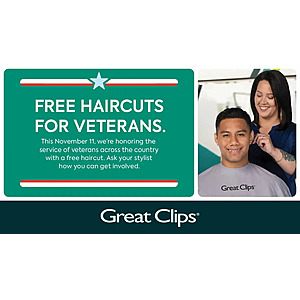 GREAT CLIPS US & Canada: Free Haircuts on 11/11 for Active Duty Military and Veterans or Free Haircut Card to Gift a Vet