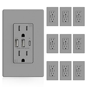 $61.33: ELEGRP 3-Port USB Wall Outlet, 30W 6.0A, 15 Amp, Type C, 10 Pack, Matte Gray