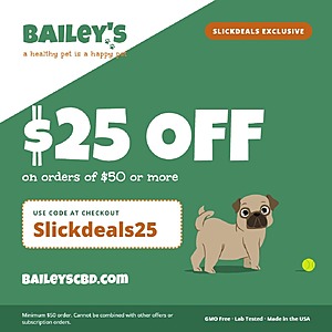 Bailey's CBD for Pets Sitewide: $25 Off $50+ orders + F/S on $40+