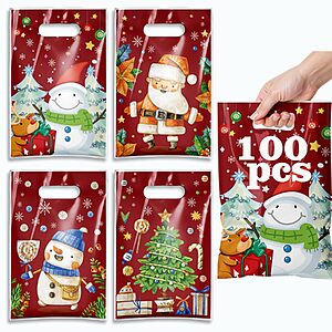 100-Pack TESKEUP Christmas Plastic Goodie Bags w/ Handles $4.49 + Free Shipping w/ Prime or on $35+