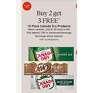 5/$23.98 B&M Walgreens starts 10/25  Canada Dry, 7 Up, A&W, Sunkist 12oz 12 pack Cans
