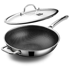 Wok Pan with Lid, 12 Inch Stainless Steel Nonstick Wok, Stir-Fry Pan | Snowflake Nonstick, Metal Utensil Safe, No Seasoning, Oven & Dishwasher Safe $39.98