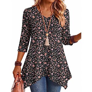 Ekouaer Women's V-Neck Loose Fit 3/4 Sleeve Tunic Top (various) $8 + Free Shipping w/ Prime or on $35+