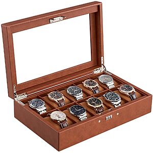 10-Slot ProCase Lockable Watch Case w/ Glass Lid (Brown) $12.49 + Free Shipping w/ Prime or on $35+
