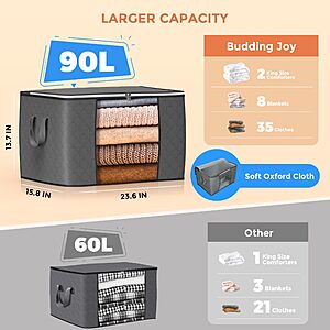 90L Large Storage Bags, 6 Pack Clothes Storage Bins Closet Organizers $11.99