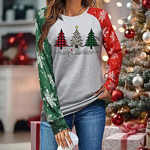 Christmas Shirts for Women:Tree Color Block Long Sleeve Xmas Tops $8.99