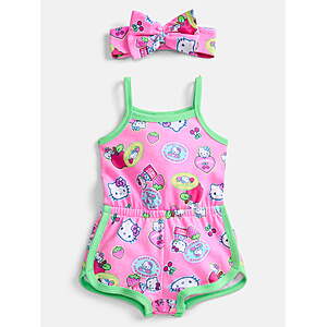 Hello Kitty or Aristocats Baby Girls Spaghetti Strap Print Romper with Matching Bow Headband $2.98